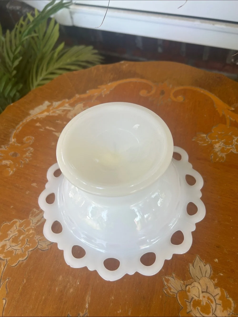 Vintage White MilkGlass Pedestal Bowl with Scalloped Loop Edge